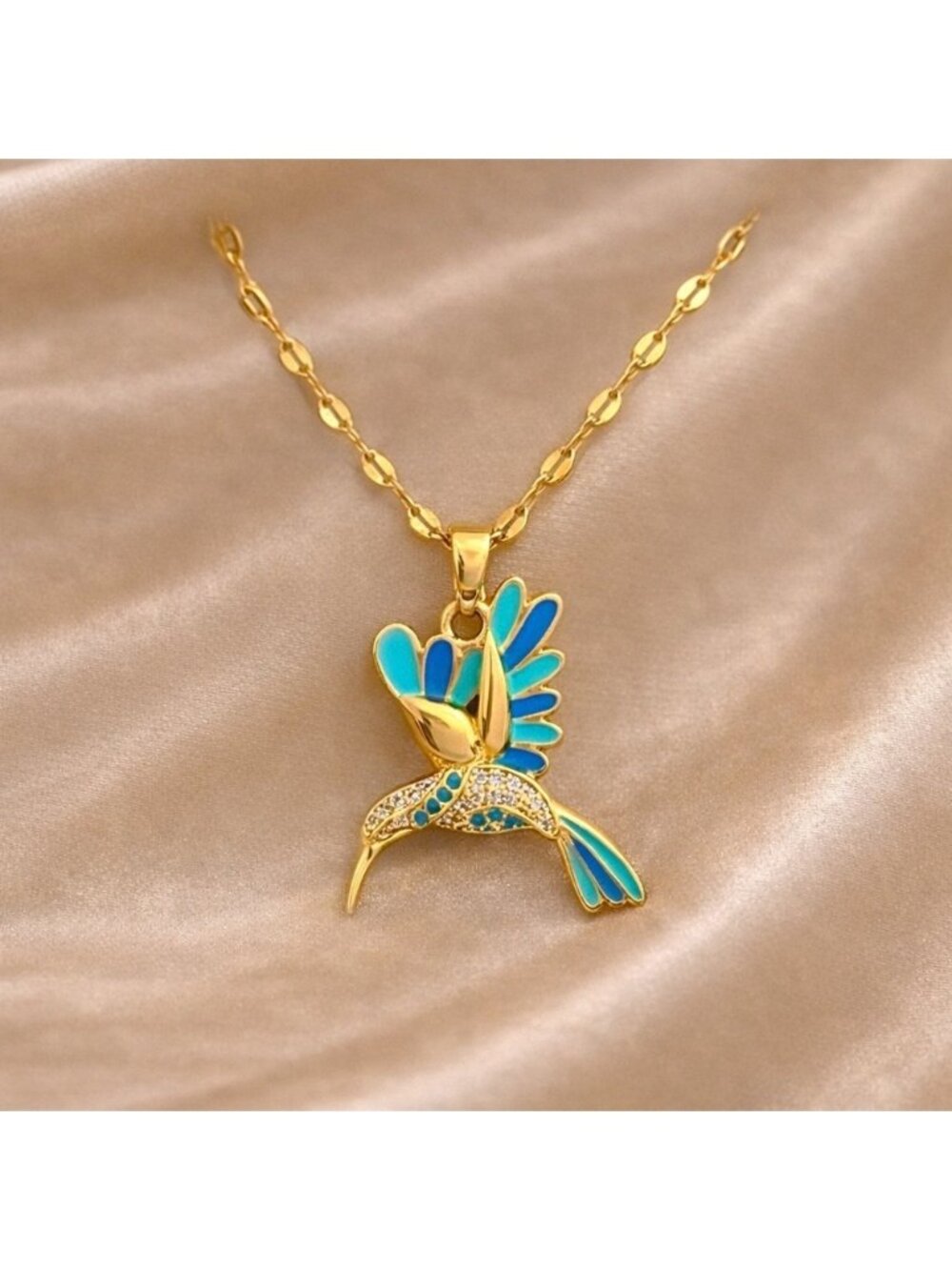 Blue Hummingbird Gold Pendant Necklace